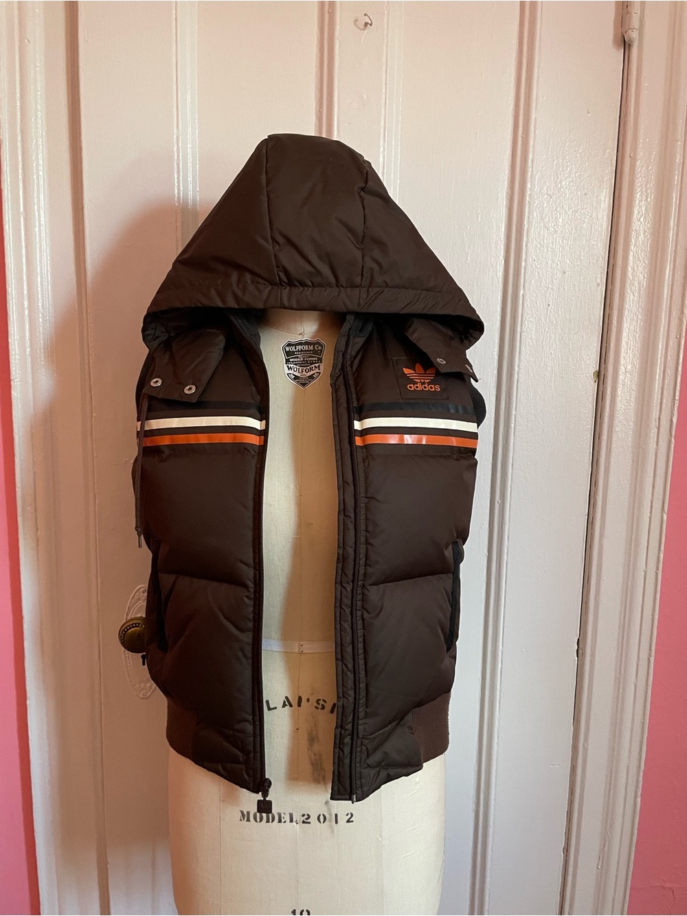 VTG 2005 Adidas Brown Puffer Vest with Orange & Cream Stripes